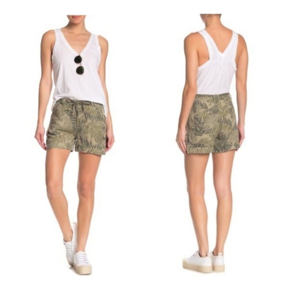 Democracy Palm Print High Rise Utility Shorts Women's 8 Army Green Rayon